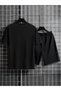 New York Stripe Line T-Shirt Shorts - Black Shorts T-Shirt Bottom Top Set Printed Crew Neck - 2