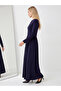 Dark Blue A-Line Maxi Dress With Long Sleeves - 3
