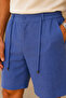 Men's Regular Fit Linen Look Elastic Waist Lace-Up Cobalt Blue Bermuda Shorts - 4