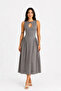 Gabardine Fabric Sleeveless Drop Collar Button Detailed Midi Dress - Gray