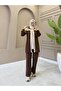 Women's 3-Piece Dabıl Fabric Hijab Set – Zippered Jacket, T-Shirt, and Pants Set N-05533 _ Brown - 2