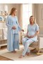 New Season Blue Double-Breasted Collar Design with Breastfeeding Feature Short Sleeve 100% Cotton Long Robe Pajama Set 3-Piece Set - 5