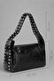 Black Shiny Vintage Textured Studded Hand and Shoulder Bag 295 - 5