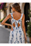 Romantic Summer Dress! Women's Strappy Square Neck Bow Detailed Patterned Long Single Jersey Dress - 3