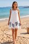Women's White Navy Blue Sea Themed Patterned Cotton Beach Dress with Straps and Tassels Pareo Tunic Swimsuit Top Beachwear Summer