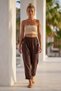Italian Brown Pocketed Elastic Waist Shalwar Leg Casual Gabardine Woven Trousers 100 63 - 5