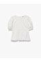 Cotton Beaded Embroidered Crew Neck Short Sleeve Balloon Sleeve Blouse - 4