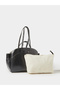 Black Faux Leather Contrast Stitching Structured Tote Bag - 3