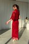 Women's Red Sleeve Detailed Front Draped Floral Detail Long Evening Dress - 3