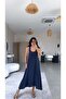 Navy Blue Tencel Fabric Oval Collar Long Dress