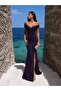 Purple Glitter Boat Neck Slit Fish Model Evening Dress 582013 - 2