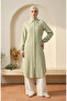 Muslin Fabric Buttoned Striped Tunic 0342-05 Pistachio Green