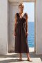 Brown Double-Breasted Collar Sleeveless Robe with Elastic Shoulder Gathering Casual Muslin Long Woven Dress 120 52 - 4