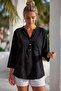 Black Hakim Collar 3/4 Sleeve Buttoned Embroidered Casual Muslin Woven Blouse 68 55