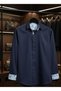 Men's Long Sleeve Collar and Sleeve Patterned Cotton Satin Shirt - 5
