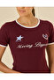 Women Burgundy Printed Contrast Ribbed T-Shirt - 4