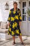 Black-Yellow V-Neck 3/4 Sleeve Hidden Pocket Pleated Floral Printed Casual Viscose Woven Dress 110 58