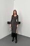 Women's Anthracite Long Sleeve U-Neck Ribbed Slit Midi Knitwear Dress - 2