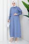 Women's Buttoned Navy Blue Striped Hijab Shirt Dress - 3