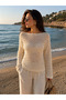 Women's Ecru Openwork Mesh Knit Boat Neck Summer Knitwear Pareo Blouse - 4