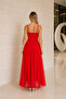 Women's Red Thin Strap Draped Gathered Tulle Detailed Long Evening Dress - 5