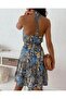Women's Patterned Short Jersey Dress with Elastic Waist and Open Shoulders - 4