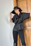 Women's Black Blouse with Draped Collar, Short Sleeves, Waist Detail, Satin Look - 3