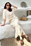 Women's Ecru Blouse Skirt Set Lace Embroidered V-Neck Buttoned Blouse Long Skirt Set