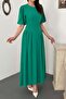 Women's Green Gathered Linen Blend Balloon Sleeve Tie Back Maxi Dress - 4
