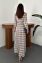 Women's Blue Plaid Pattern Shirt Collar Buttoned Long Sleeve Pleated Maxi Dress - 5