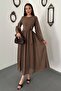 Women's Brown Long Sleeve Lace Cuff Belted A-Line Maxi Dress - 2