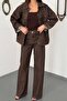 Women's Brown Top and Bottom Set Jeans Jacket Pants Set Buttoned Pockets Wide Leg Denim - 4