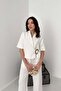 Women's Ecru Jacket-Pants Set Buckle Jacket Pants Set Short Sleeve Jacket Lapel Wide Leg Woven - 3