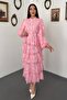 Women's Pink Long Dress with High Collar, Buttoned Belt, Flounces and Floral Texture - 2