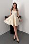 Women's Beige Mini Dress Square Neckline Shoulder Lace-Up Flared Skirt Textured Cotton