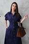 Women's Navy Blue Shirt Collar Balloon Sleeve Pleated Buttoned Midi Poplin Dress - 3
