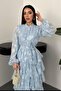 Women's Baby Blue Dress Layered Flounce Floral Patterned Belted Buttoned High Neck Midi - 3