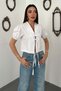 Women's White Shirt with Lace Collar and Tie Detail, Balloon Sleeves, Cropped - 2