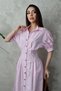 Women's Pink Shirt Collar Balloon Sleeve Pleated Buttoned Midi Poplin Dress - 3