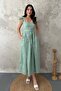 Women's Mint Brode Embroidered Square Neck Ruffle Sleeve Belted Midi Dress - 2