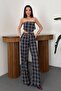 Women's Navy Blue Plaid High Waist Belted Side Tie Wide Leg Pants
