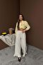 Women's Beige Ruffle Cuffed Elastic Waist Wide Leg Woven Trousers with Pockets