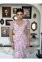 Women's Pink Polka Dot Chiffon Midi Dress V-Neck Balloon Sleeves with Folded Flounces - 5