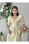 Women's Sari Midi Dress with Plaid Pattern, Ruffle Collar, Balloon Sleeves and Lace Detail - 5