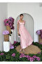 Women's Pink Floral Patterned Shoulder Tie Heart Collar Gathered Long Dress - 4