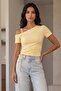 Women's Asymmetric Collar with Ruffle Detail, Lycra Flexible Fabric, Drawn-Up Bluz - 4