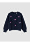 Navy Blue Crew Neck Girls' Embroidered Knit Sweater