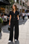 Women's V-Neck Double Buttoned Waist Belt Detailed Wide Leg Pocketed Trouser Suit - 3