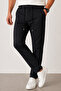 Men's Black Slim Fit Casual Lace-Up Elastic Waist Fabric Trousers - 5