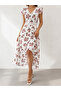 Women's Short Sleeve V-Neck Floral Patterned Lace Waist Detailed Short Front Long Back Suprem Dress